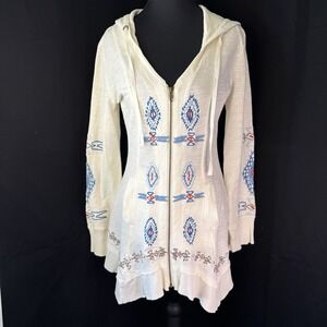 Boho Embroidered Hoodie Jacket Tunic Fairy Aztec Witchy Folk Festival Zip Up XS
